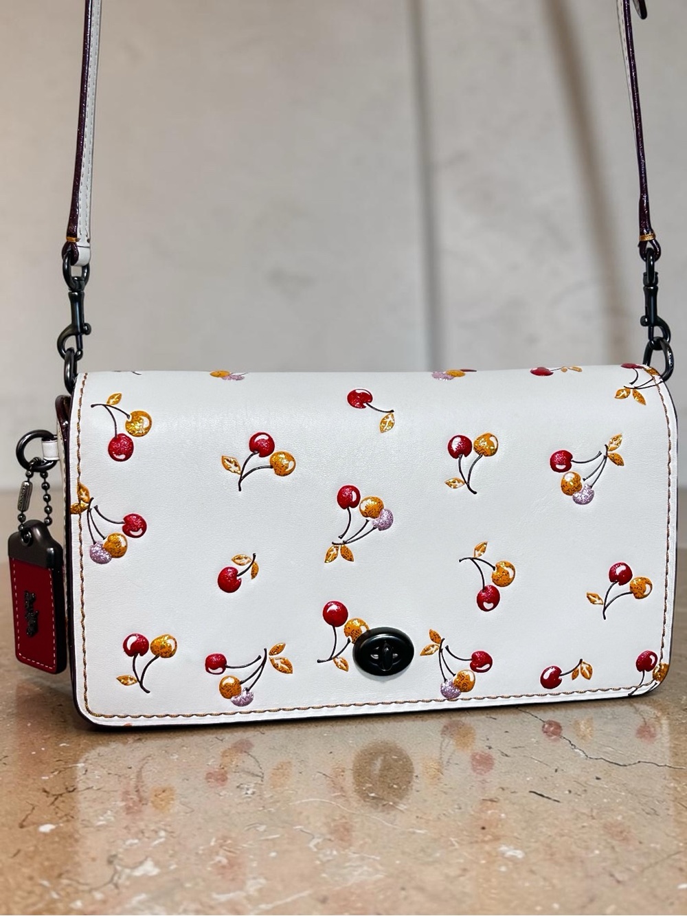 COACH 1941 Dinky Glovetanned Leather w/Embossed Glitter Cherries🍒 2Way Strap